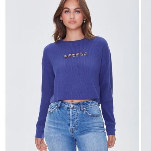 Forever 21 Purple Butterfly Waffle Knit‎ Butterfly Graphic Cropped Tee Sz S - Picture 1 of 9